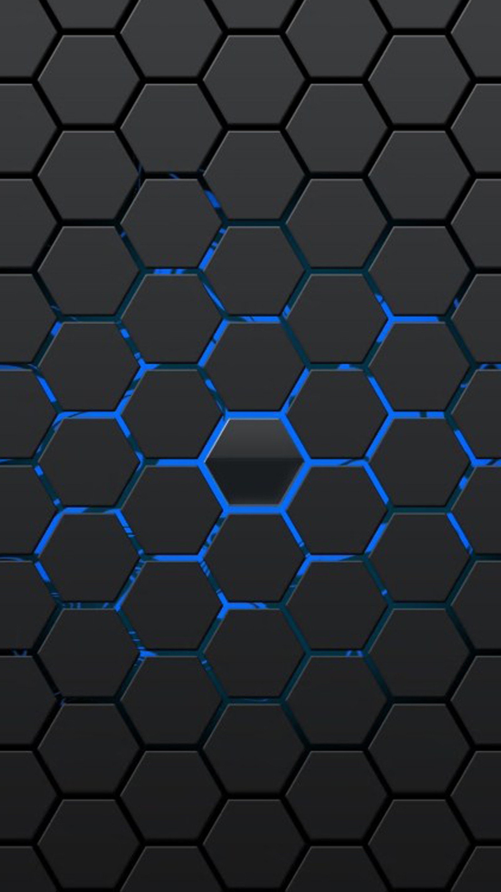 A black and blue hexagonal background with a blue light (blue, color, grey, wallpaper)