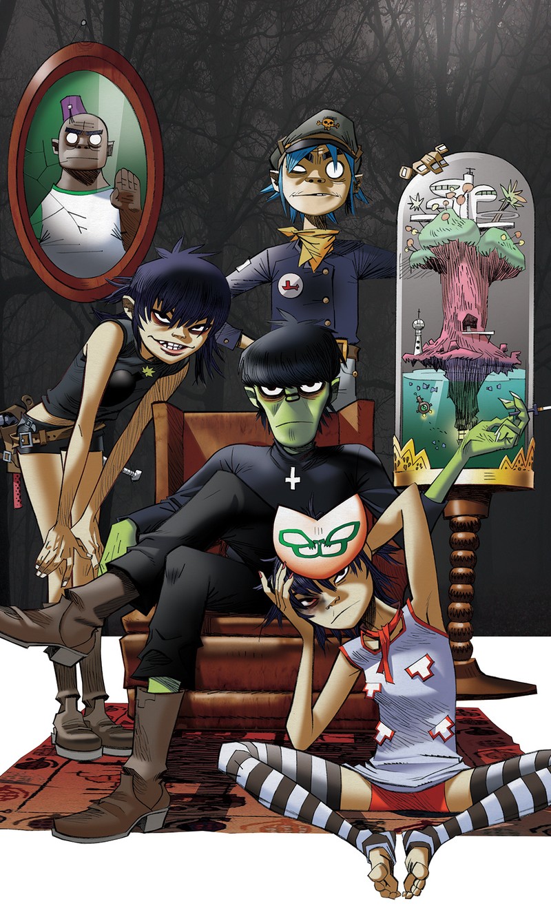 Персонажи мультфильмов сидят на скамейке перед зеркалом (гориллаз, gorillaz, музыка)