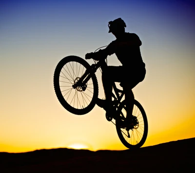 vélo, montagne, silhouette, coucher de soleil, wheelie