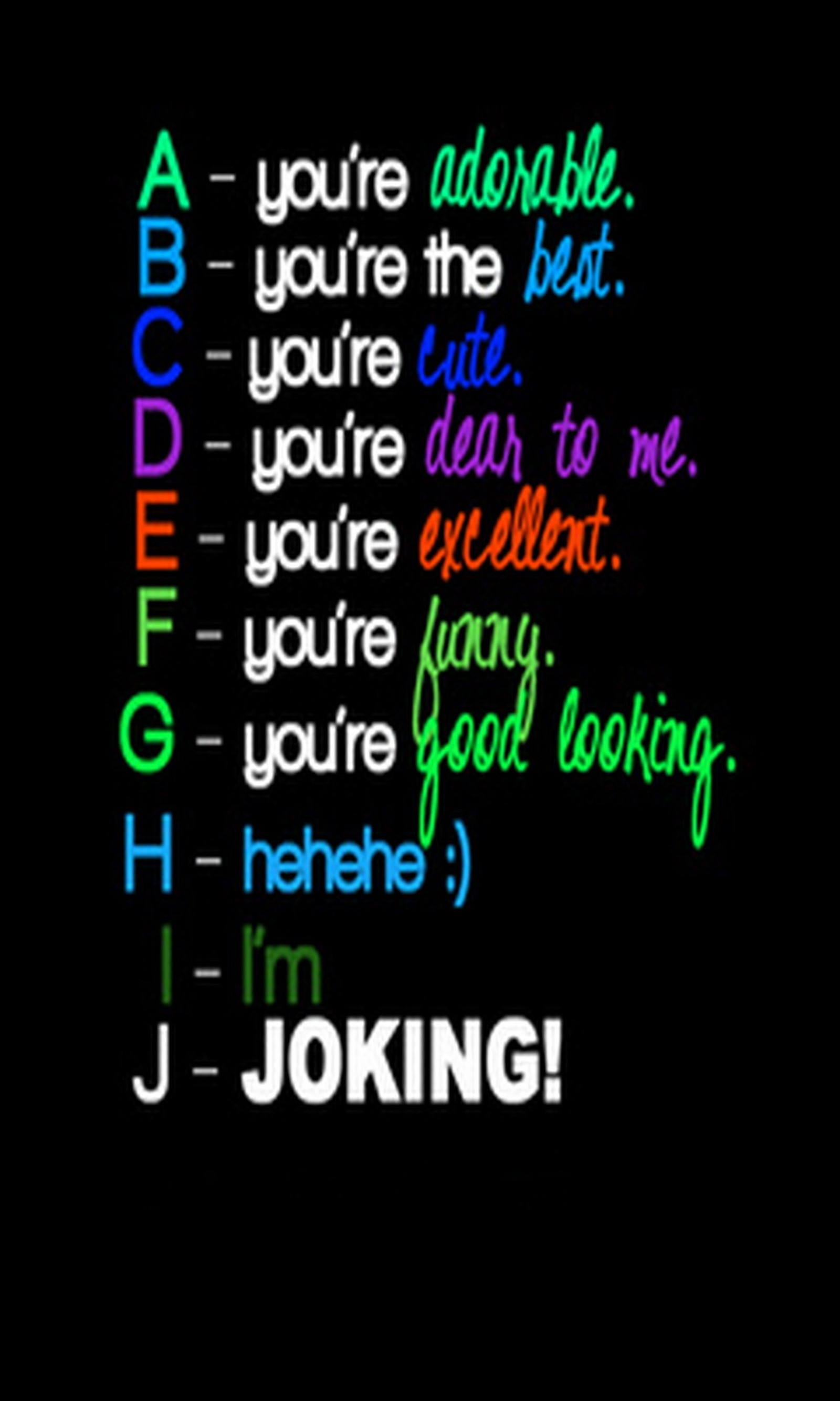 A close up of a black background with a colorful text (abc, adorable, best, cute, dear)