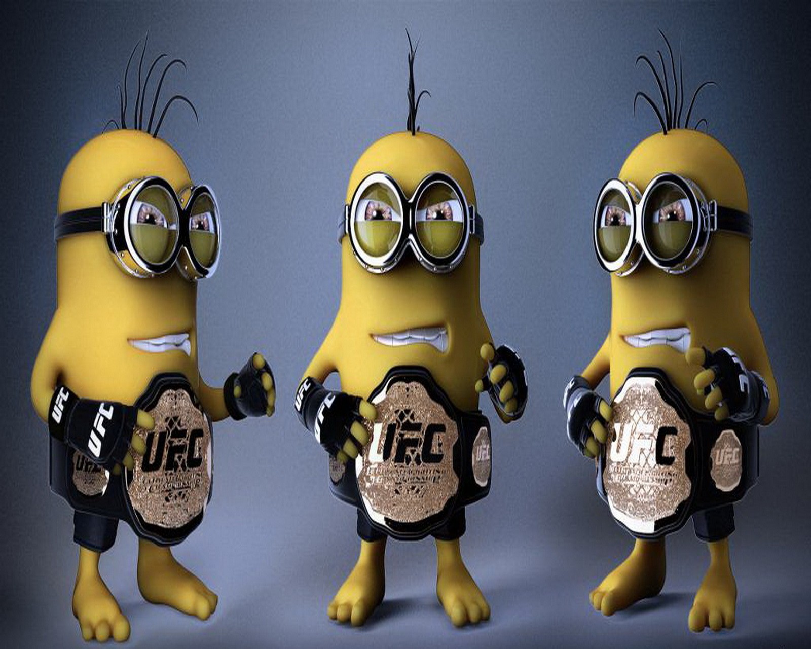 Trois minions habillés en noir et jaune avec des lunettes de soleil (champion, génial, combattant, minion, style)