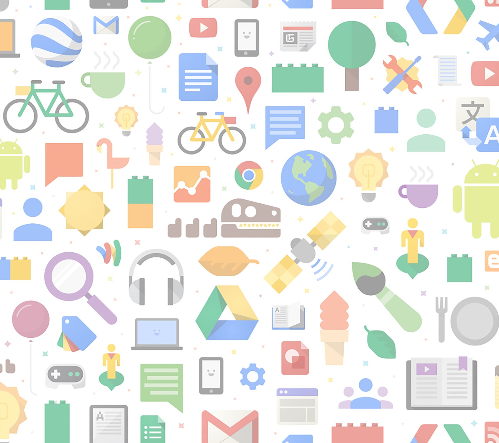 A close up of a pattern of various icons on a white background (galaxy, google, icon, samsung)