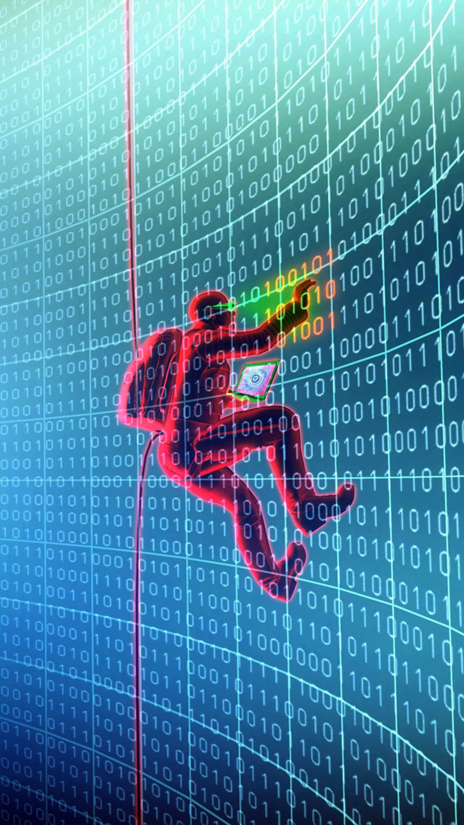 A close up of a person on a rope with a computer screen in the background (computer, hacker)