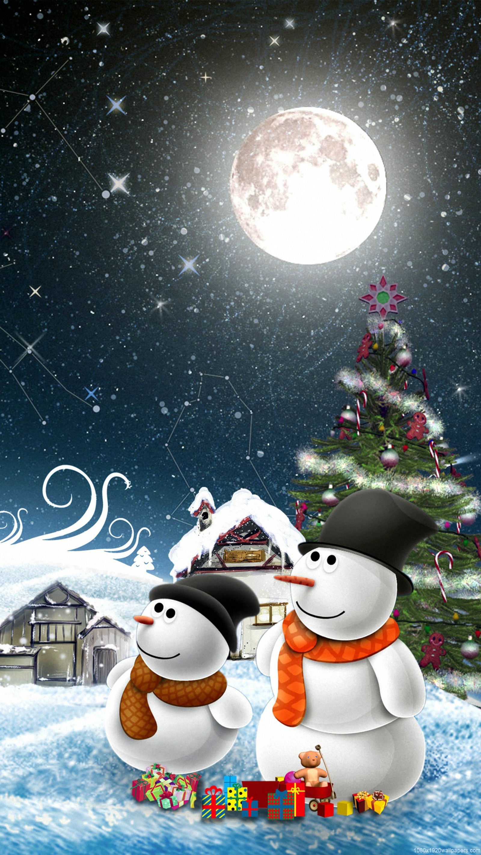 There are two snowmen standing in front of a christmas tree (christmas, new yaer, santa)