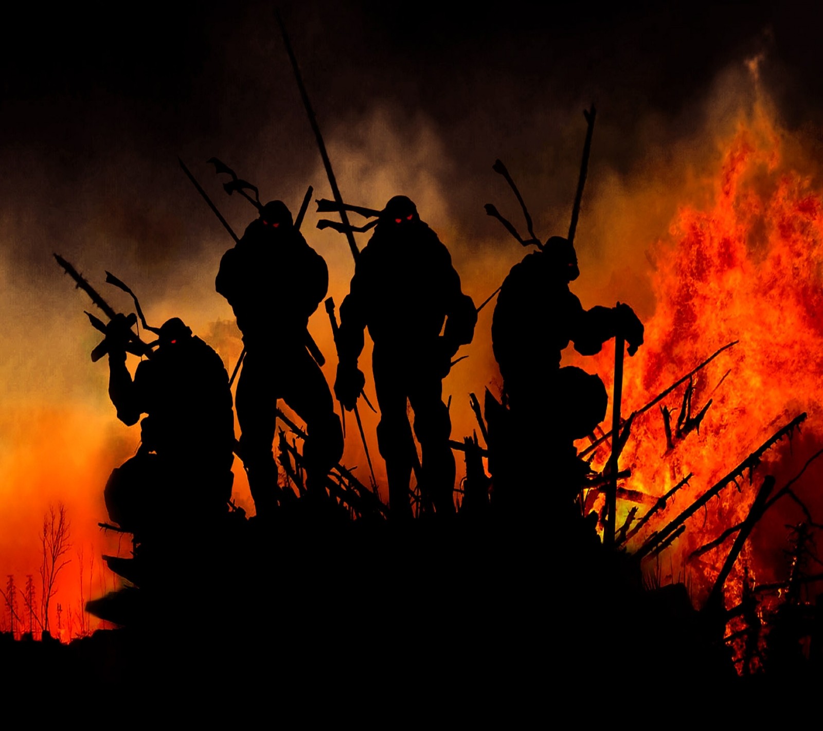 Soldiers are silhouetted against a blazing sky as they stand in front of a fire (mutant ninja turtles, ninjas, shadow, tmnt, turtl)