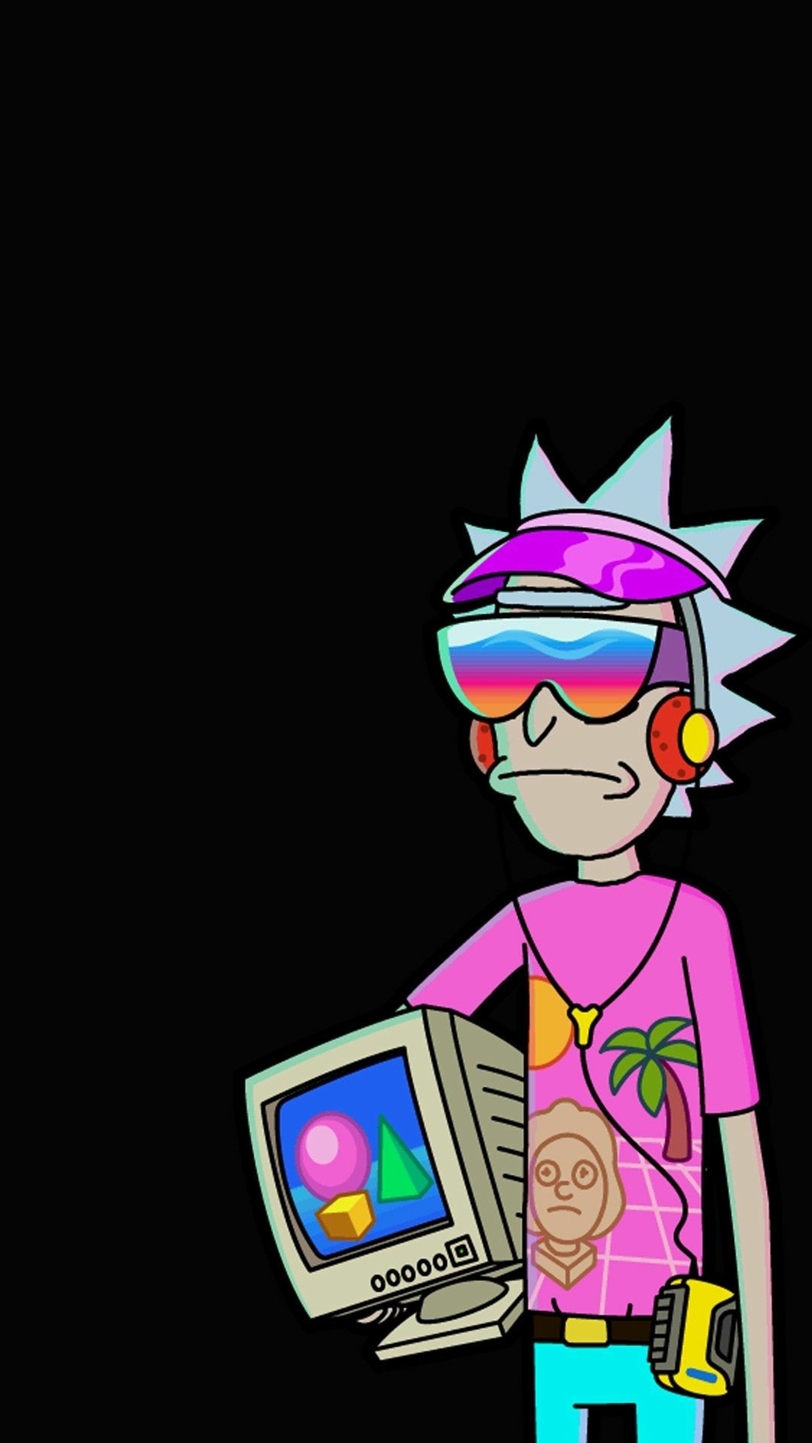 Cartoon of a man with headphones and a computer (rick and morty, rick sanchez)