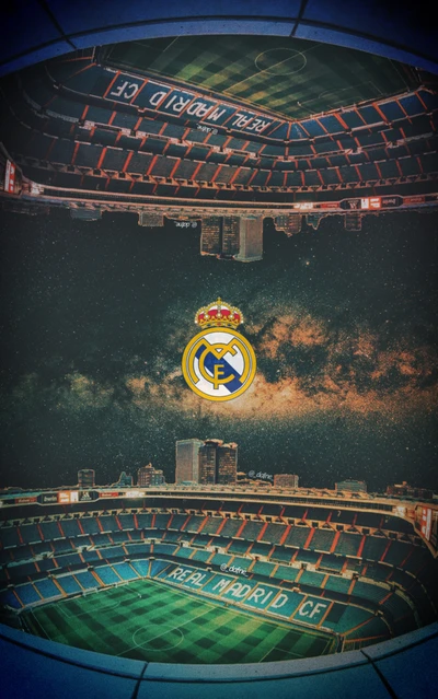 Insigne du Real Madrid CF au-dessus du stade Santiago Bernabéu et ciel étoilé