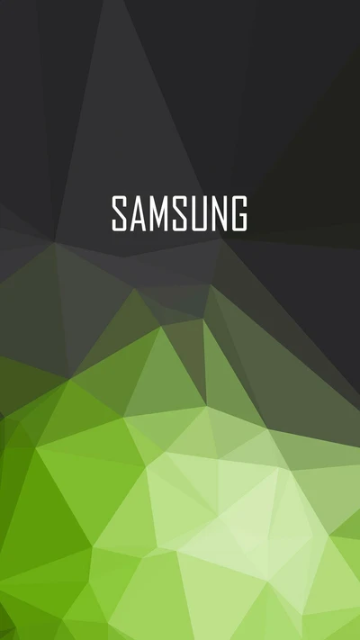 Logotipo estilizado da Samsung com fundo geométrico verde