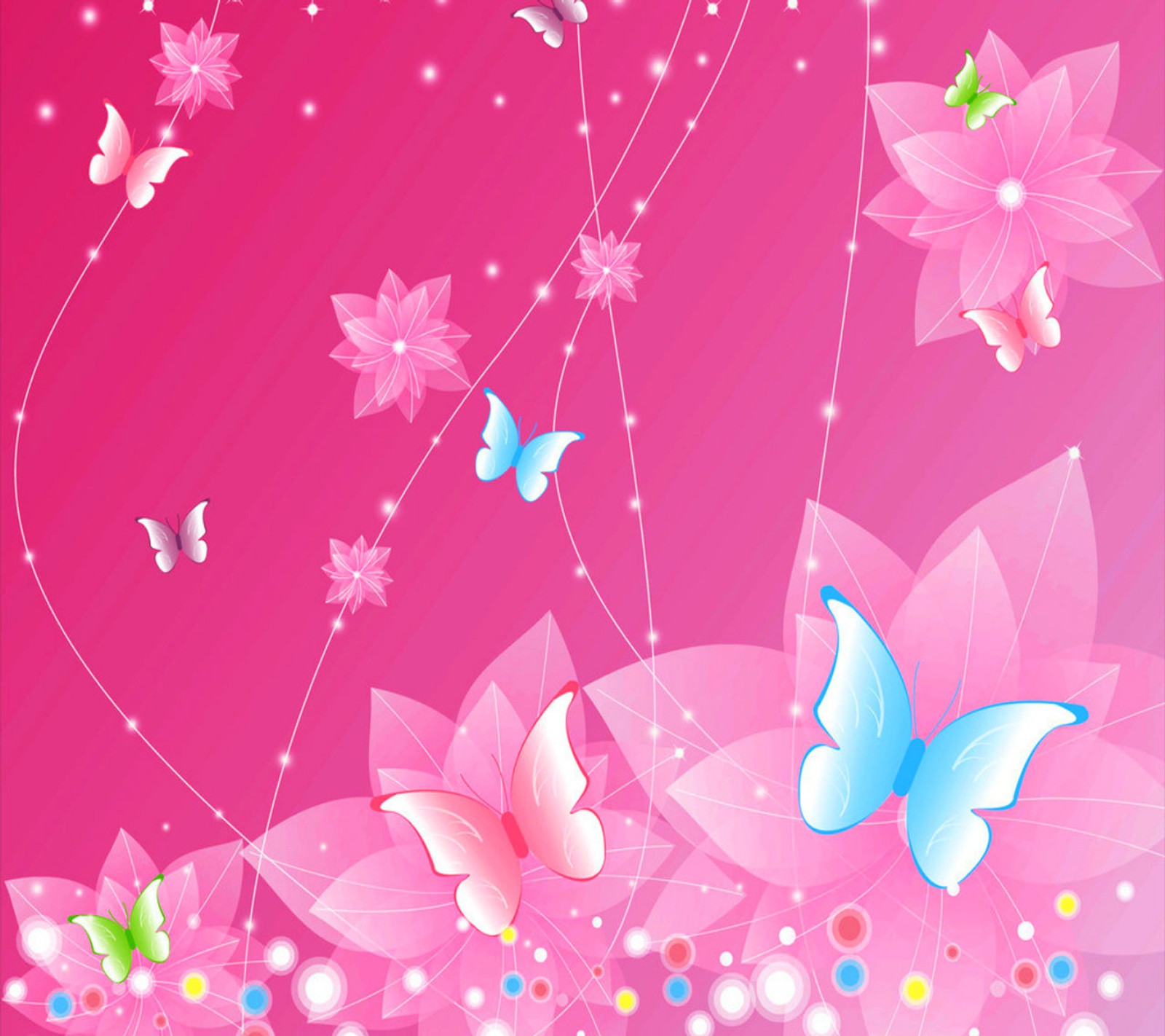 Mariposas y flores sobre un fondo rosa con estrellas (mariposas, fondo de pantalla)