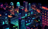 Futuristische Synthwave-Metropole: Eine lebendige städtische Landschaft bei Nacht