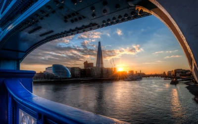 reflexion, wahrzeichen, brücke, dämmerung, sonnenuntergang