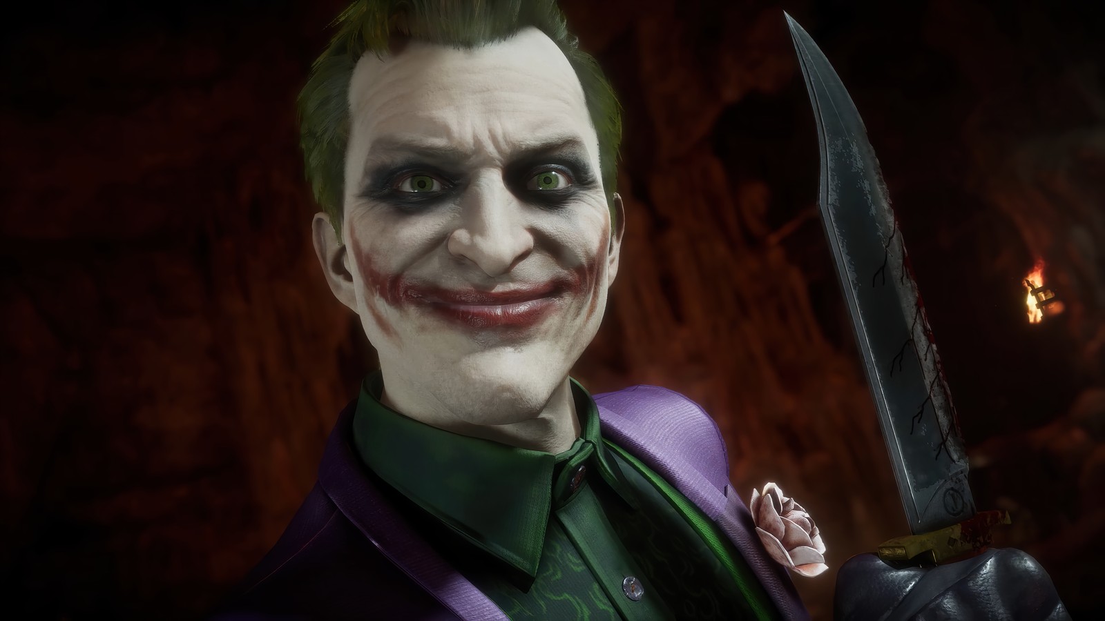 Batman aus arkham mit einem messer in der hand (joker, lächeln, mortal kombat 11, mk11, videospiel)