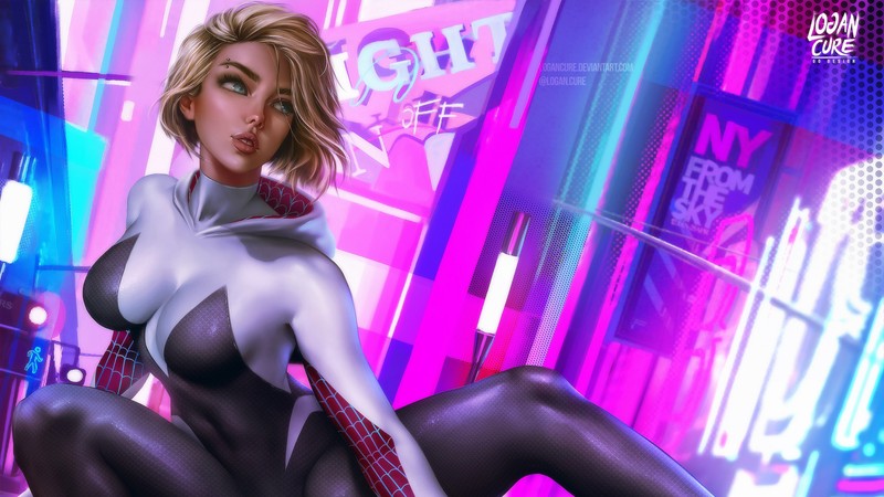 Женщина в костюме паука сидит на улице города (гвен паук, spider gwen, человек паук через вселенные, spider man into the spider verse, фильм)