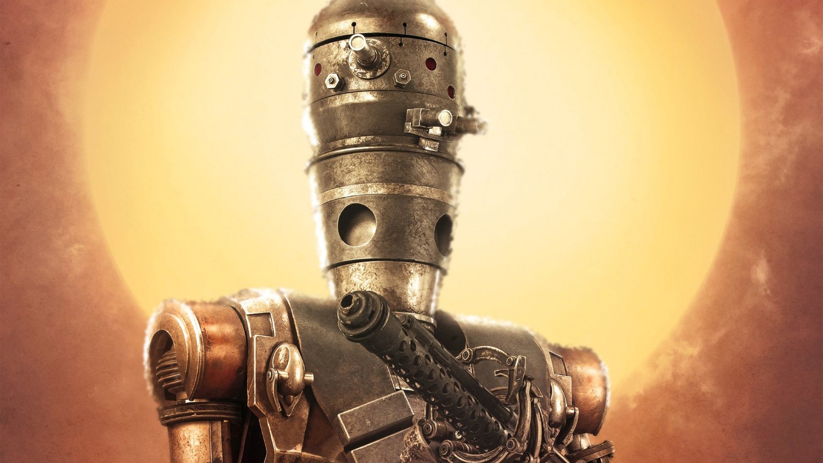 A close up of a robot with a gun in its hand (ig 11, the mandalorian, tv series, poster)