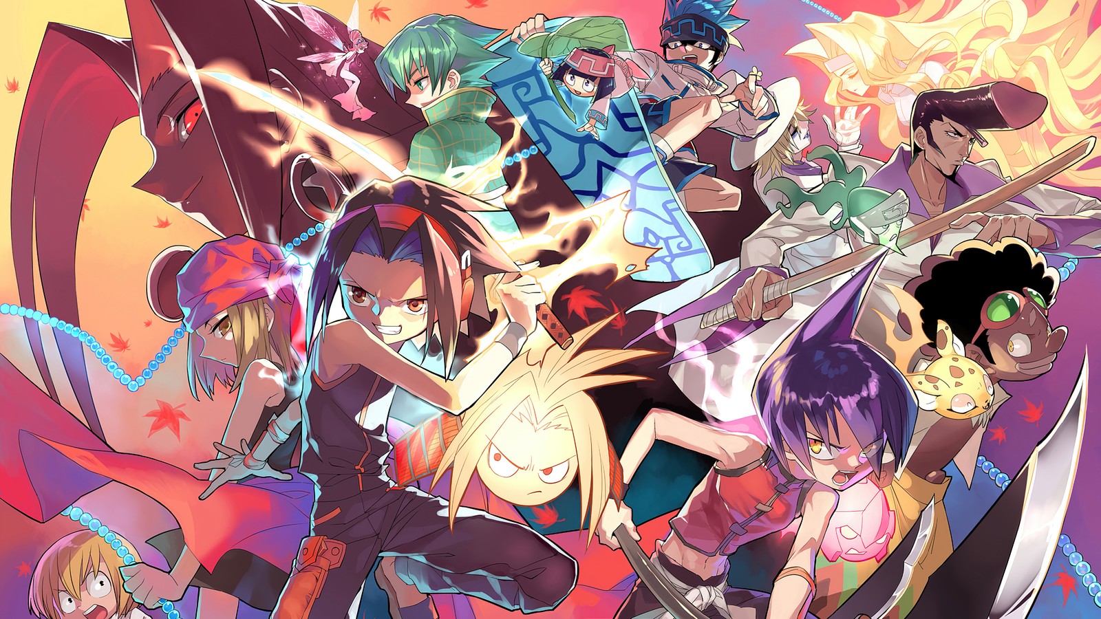 Un grupo de personajes de anime de pie juntos frente a un fondo colorido (shaman king, anime, personajes, yoh asakura, amidamaru)