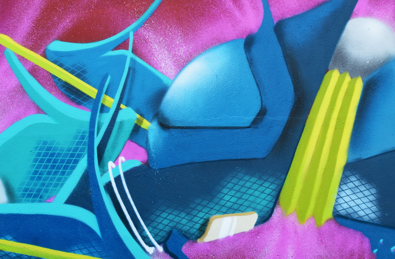 Painting of a tennis racket, ball, and other items on a pink surface (art, painting, mural, electric blue, graphic design)