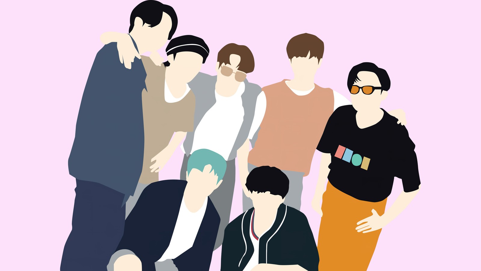 Illustration d'un groupe de personnes se tenant ensemble avec un homme portant un casque (bts, k pop, 5k, minimaliste, sans visage)