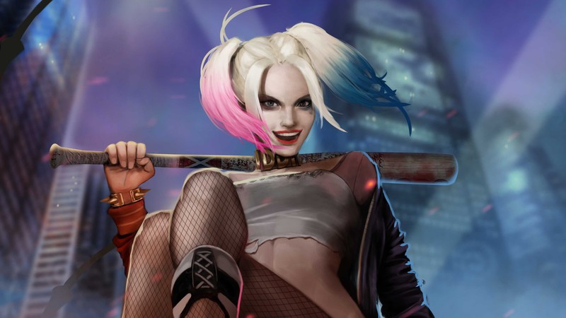 Женщина с битой в руке и розовыми и голубыми волосами (harley quinn, комиксы, dc comics)