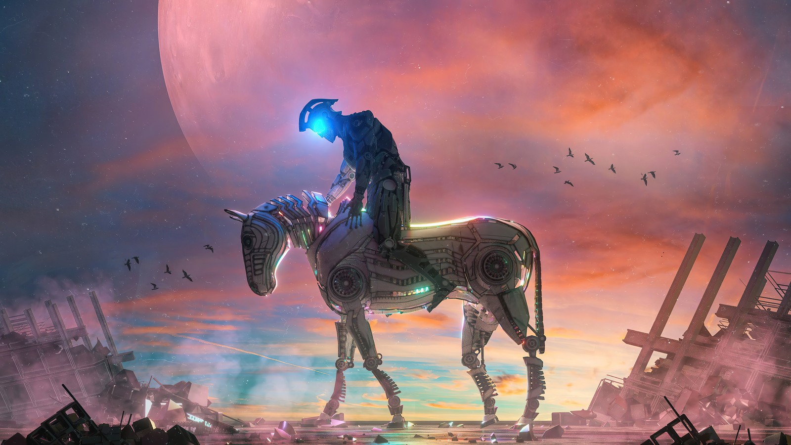 Un hombre montando un caballo en una ciudad futurista con una luna gigante al fondo (arte digital, cyborg, caballo, nube, arte)