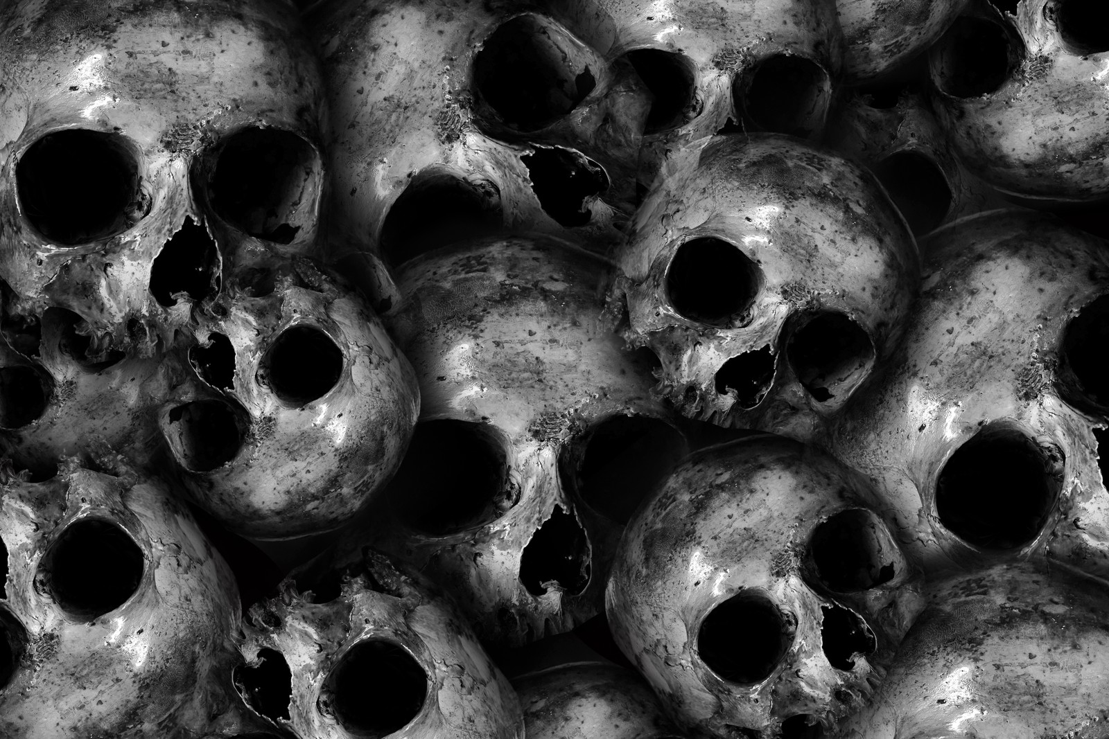 Acercamiento de un grupo de calaveras con agujeros (calaveras, aterrador, monocromo, 5k, blanco y negro)