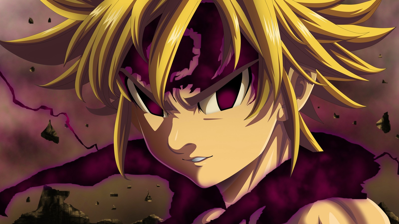 Un primer plano de un personaje de anime con cabello rubio y una camisa morada (demon power, modo de asalto, nanatsu no taizai, los siete pecados capitales, the seven deadly sins)