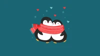 Linda pareja de pingüinos abrazándose en una acogedora bufanda navideña