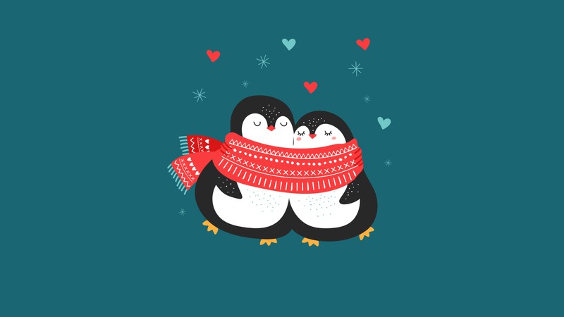 Пара пингвинов обнимаются с сердцами (милые пары, penguin couple, милый рождество, сердца любви, кавайная пара)