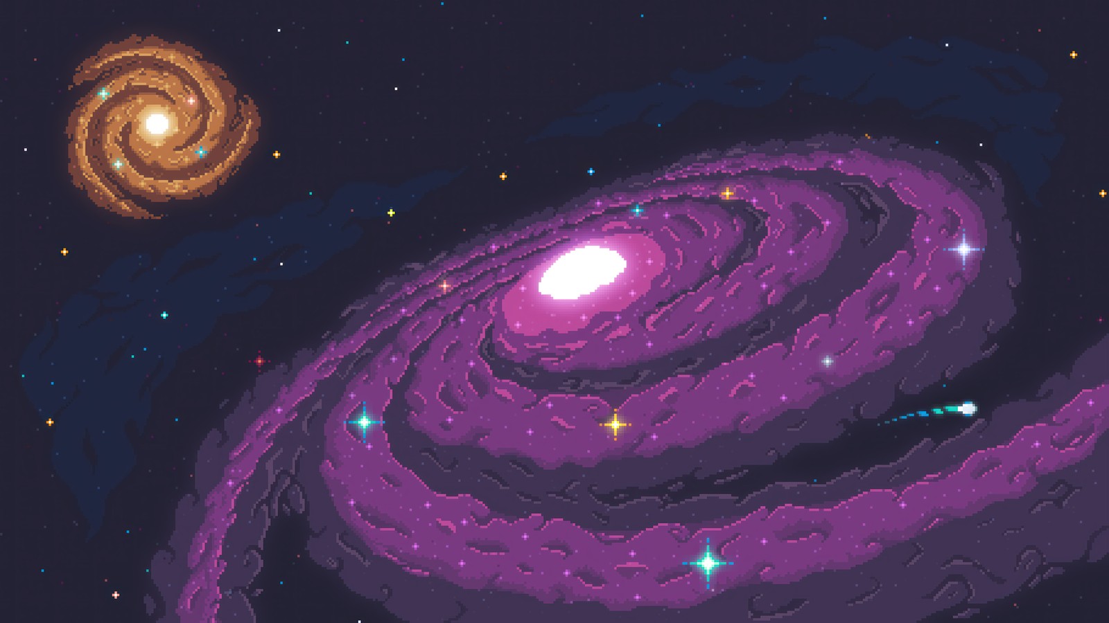 A close up of a purple spiral galaxy with a bright star in the background (galaxy, space, pixel art, digital art)