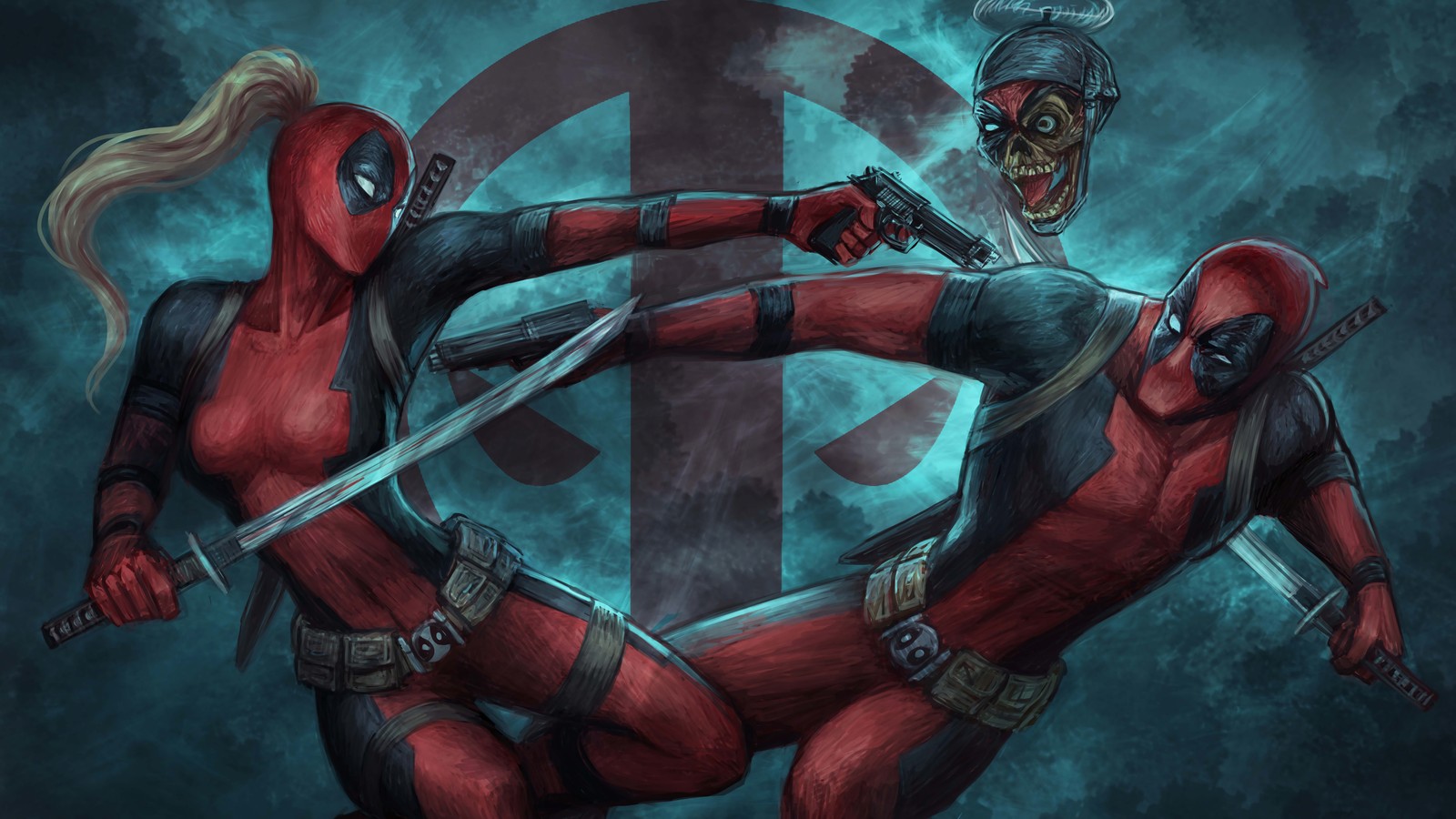 Deadpool and deadpool fighting in front of a deadpool logo (lady deadpool, deadpool, marvel comics, anti hero, comics)