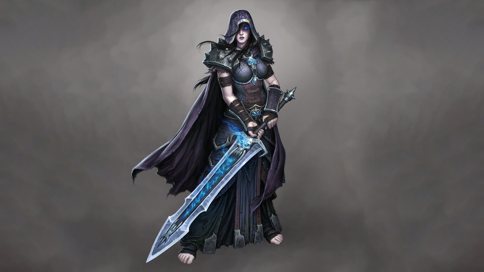 Una mujer en un atuendo negro sosteniendo una espada y una espada (caballero de la muerte, femenino, wow, wrath of the lich king clásico, wrath of the lich king classic)