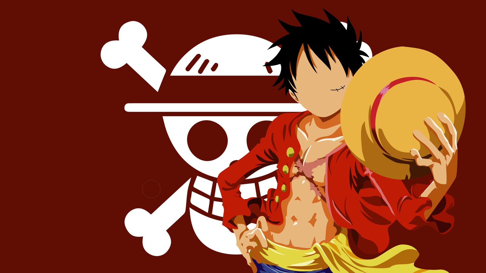 Un hombre con una chaqueta roja sosteniendo un sombrero y un sombrero de paja (monkey d luffy, 8k, one piece, fondo rojo, arte minimalista)