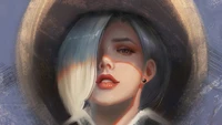 Ashe de Overwatch en un retrato estilizado, con su sombrero característico y una expresión confiada.