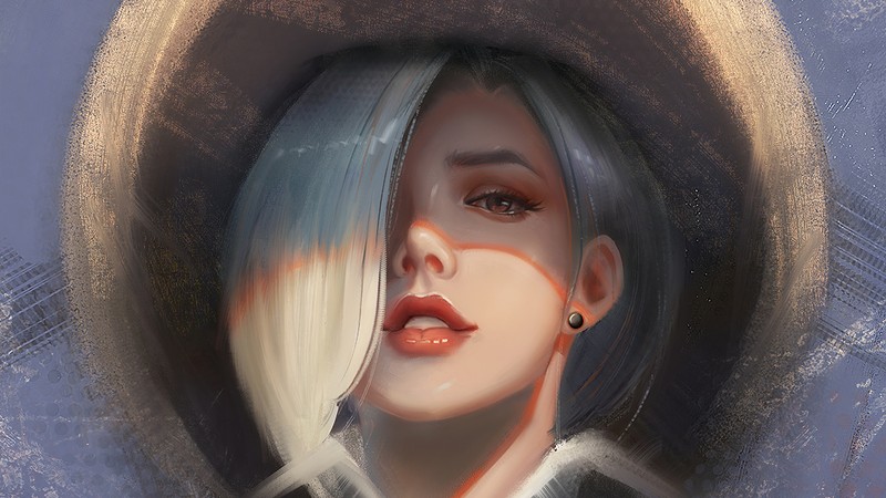 Картина женщины в шляпе и с синими волосами (ashe, overwatch, видеоигра)