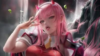 Zero Two from "Darling in the Franxx" with striking pink hair and playful expression, set against a dramatic backdrop.