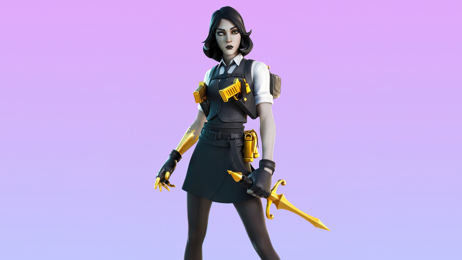 A close up of a woman in a short dress holding a sword (fortnite, battle royale, video game, marigold, outfit)