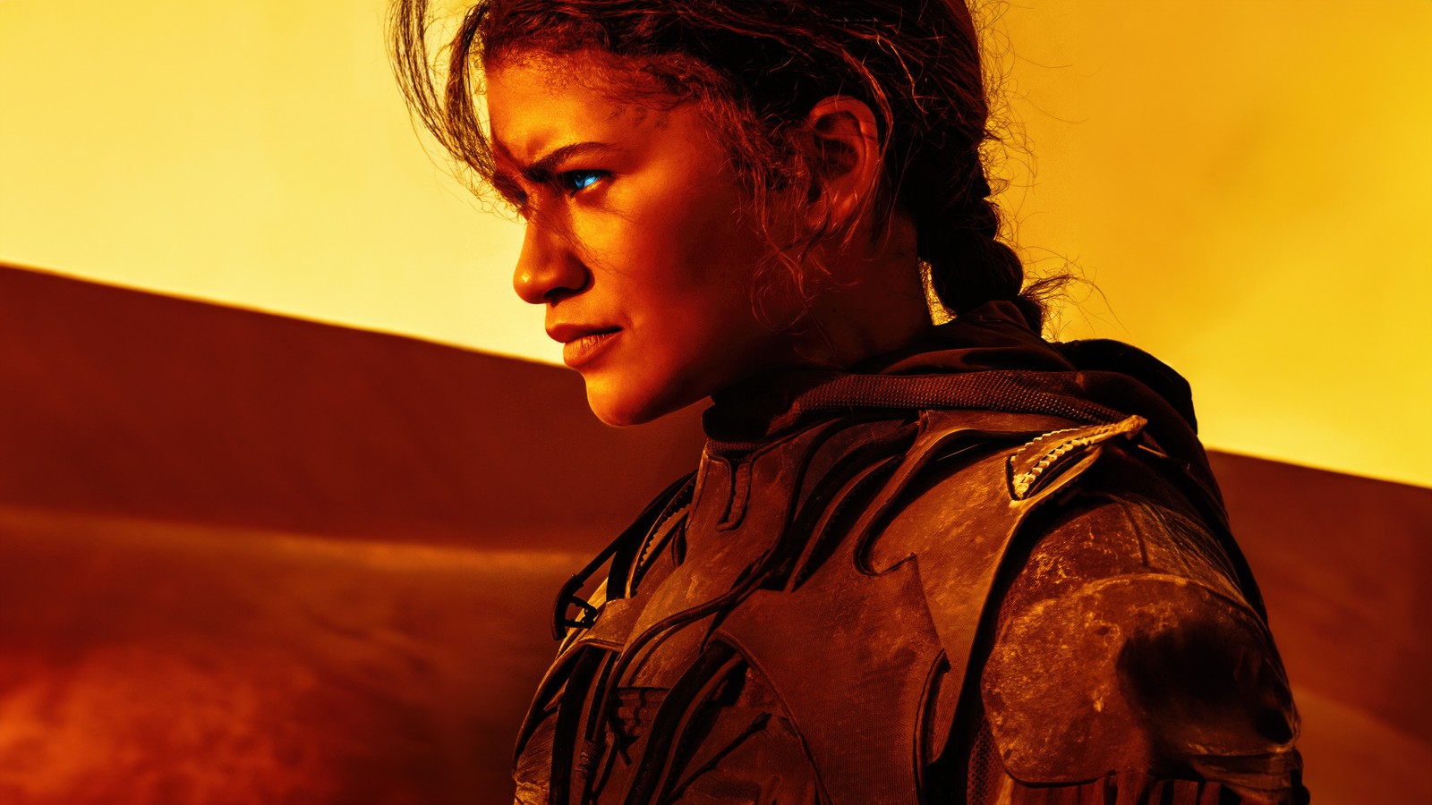 Un gros plan d'une femme en cuir (zendaya as chani, dune 2, films de 2024, 5k, dune partie deux)