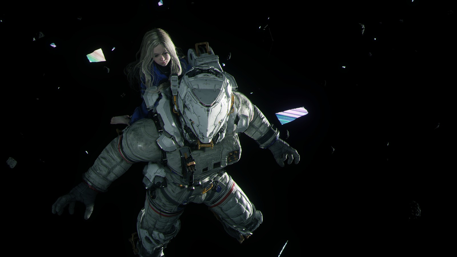 Astronaut in space suit floating in the dark with a cell phone (pragmata, sci fi, video game)