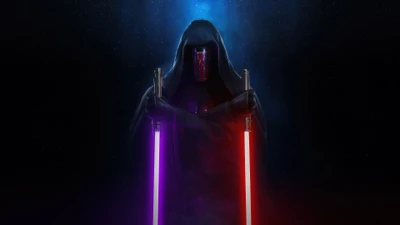 Darth Revan empunhando sabres de luz duplos em um fundo cósmico.