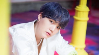 Suga do BTS com cabelo azul marcante, vestindo um traje branco, olhando pensativamente para a câmera contra um fundo vibrante.