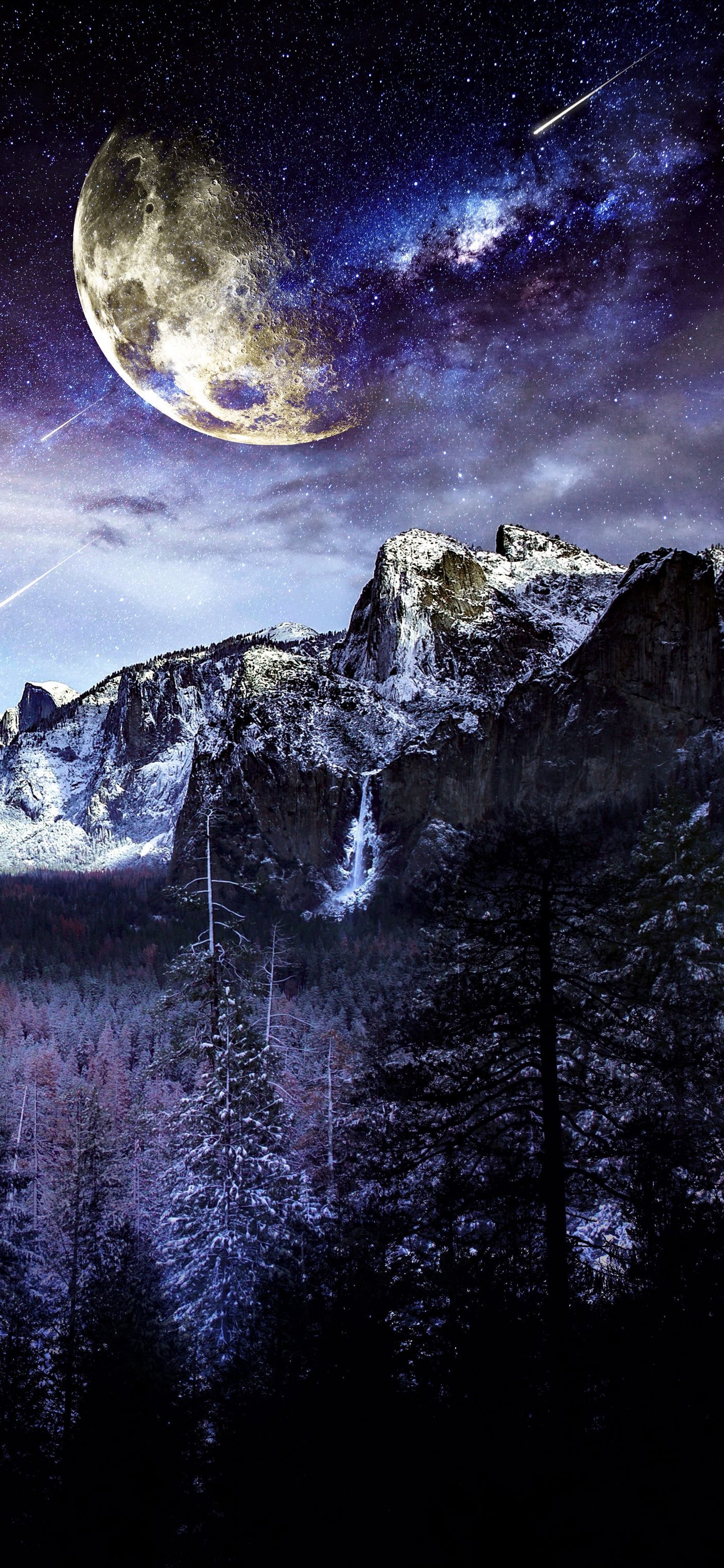 Céu noturno estrelado com uma lua cheia e uma cadeia de montanhas (parque nacional de yosemite, vale de yosemite, yosemite valley, natureza, parque nacional)