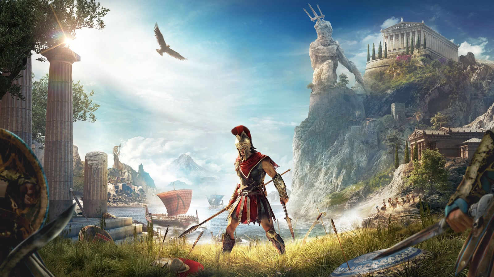 Un hombre con armadura de pie frente a un castillo con un pájaro volando sobre él (assassins creed odyssey, ubisoft, pc game, juegos, mitología)