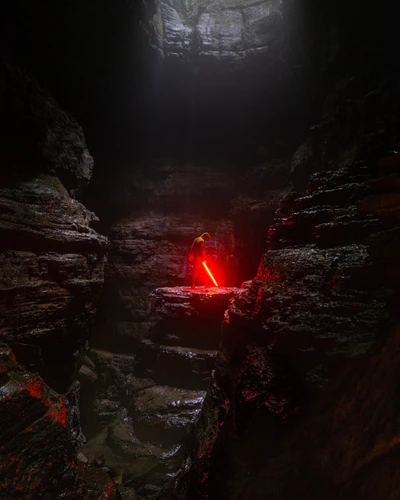 Dunkle Höhle mit einer Figur, die ein rotes Lichtschwert zwischen lavaähnlichen Felsen schwingt