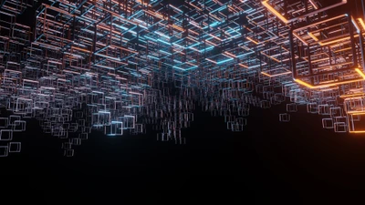 Abstract Neon Cubes Structure with Dynamic Lighting on Black Background