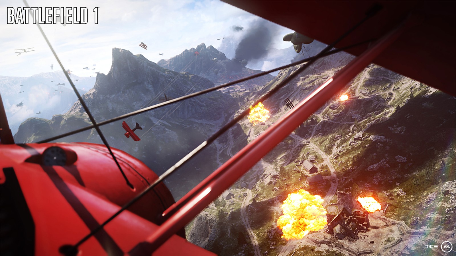 A close up of a plane with a bunch of fire in the air (battlefield 1, adventure, video games, electronic arts, first person shooter)