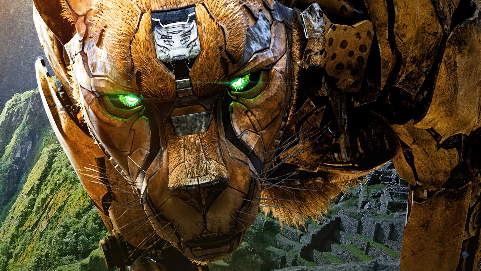 Un gros plan d'un tigre aux yeux verts dans la jungle (cheetor, transformers rise of the beasts, 2023, film, transformers)