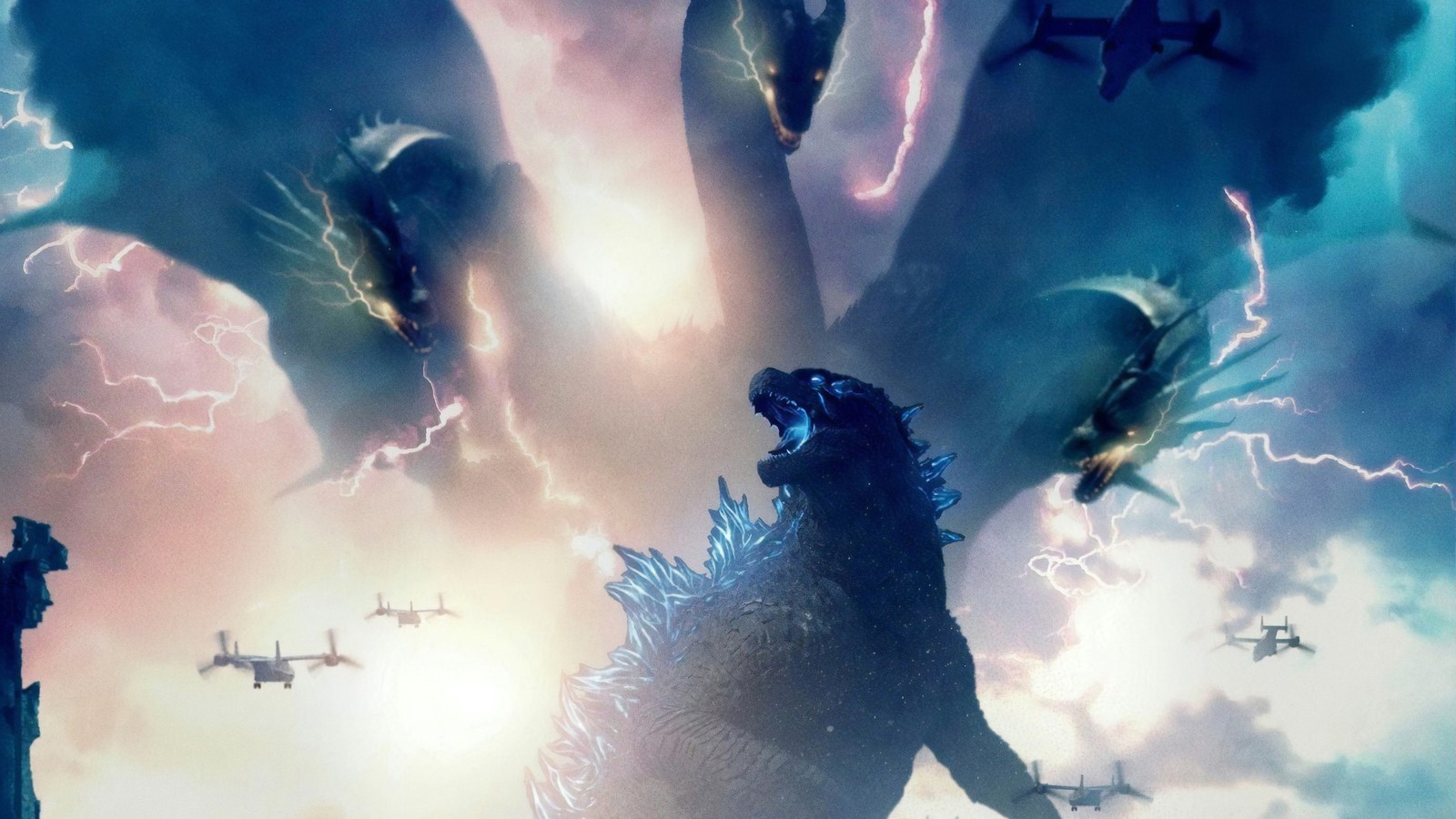 Godzilla, die aus dem himmel aufsteigt, mit blitzen, die daraus kommen (godzilla, king ghidorah, godzilla king of the monsters, film)