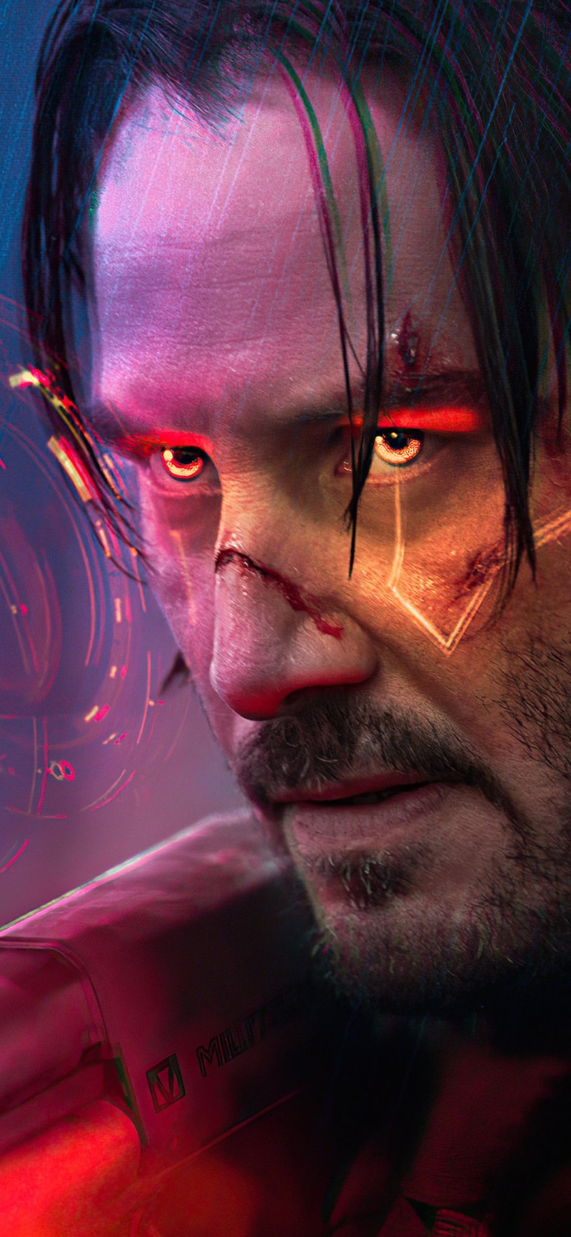 Крупный план мужчины с пистолетом перед красным светом (киану ривз, keanu reeves, cyberpunk 2077, искусство, художник)