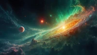 Bunte Galaxie mit wirbelnden Wolken und einem Planeten