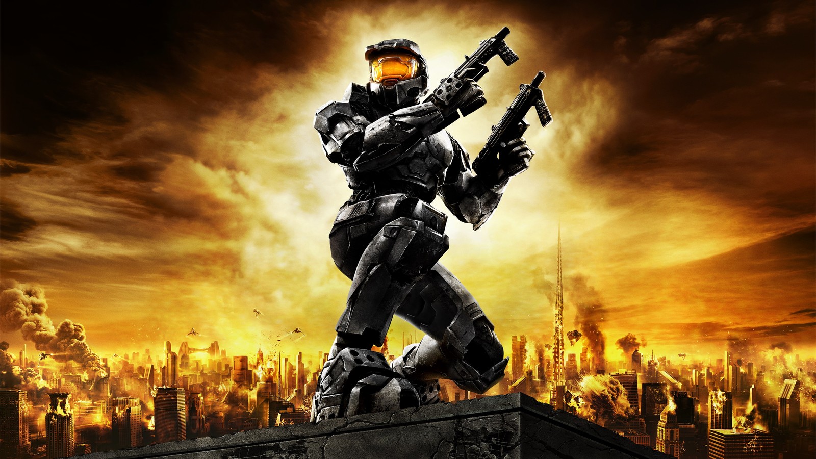 Un hombre con armadura sosteniendo un arma de pie en la cima de un edificio (halo 2, master chief, arte de juegos, juegos, fondo de pantalla 4k)