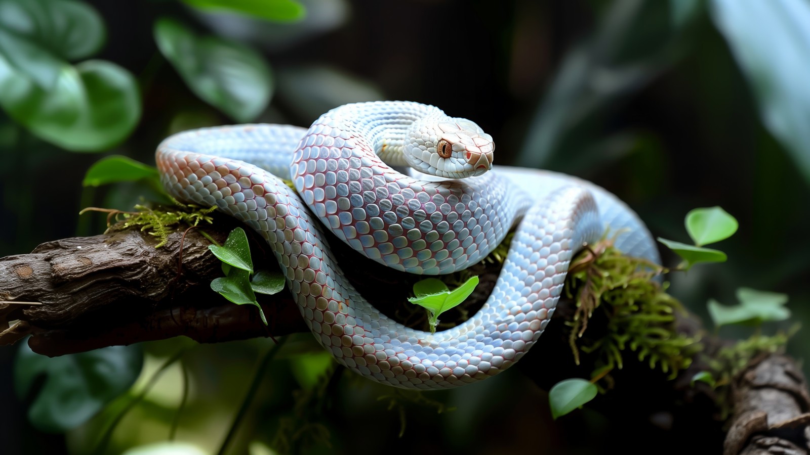 Araffe snake on a branch with leaves and moss (snake, albino, reptile, animals)